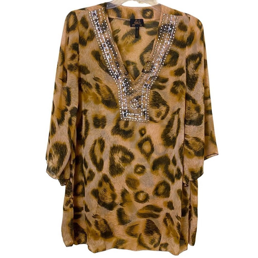 Faith Animal Print Beaded Chiffon Sheer V-Neck Tunic Blouse Size Medium